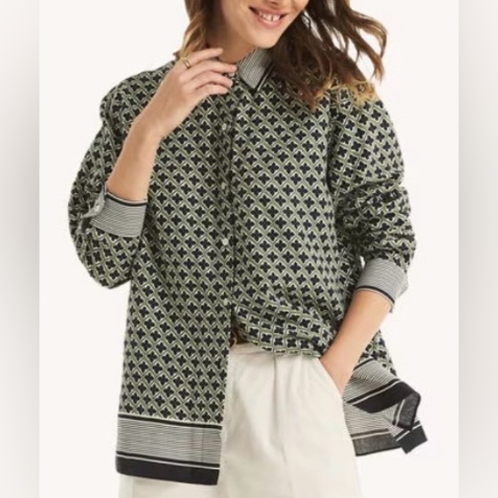 Nautica Jeans Linen Shirt Printed Button Down Tunic Top green blue stripes large
